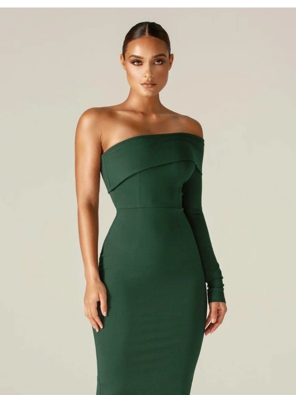 One-Shoulder Long Sleeve Midi Dress in Deep Green